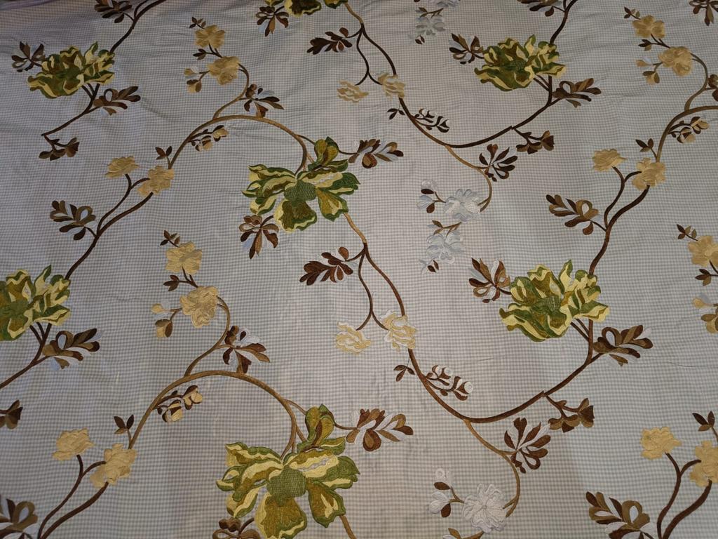 100% Silk Taffeta floral embroidery on ivory and blue plaids 54" wide 74.70MOMME TAFEMB21