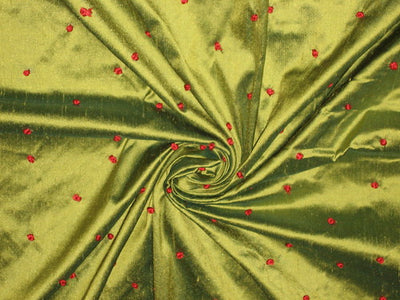 SILK DUPIONI Fabric Green with Red embroidered dots 54
