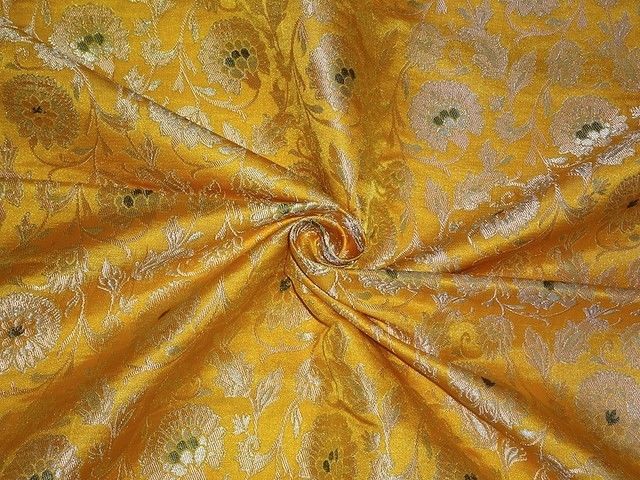 Pure Heavy Silk Brocade Fabric Yellow,Green & Metallic Gold color 44" wide BRO338[3]
