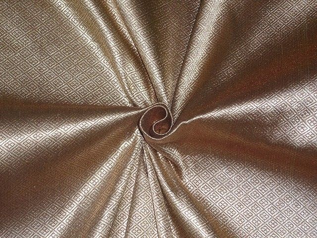 Pure Heavy Silk Brocade Fabric Brown &amp; Metallic Gold color 36 &quot; available for bulk preorder