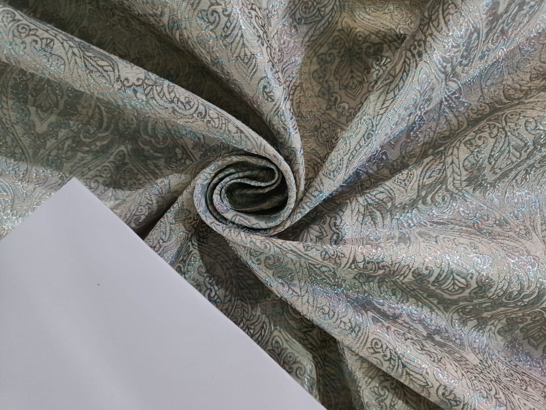Silk Brocade jacquard fabric fawn with green and subtle metallic silver color 58" wide BRO872[4]