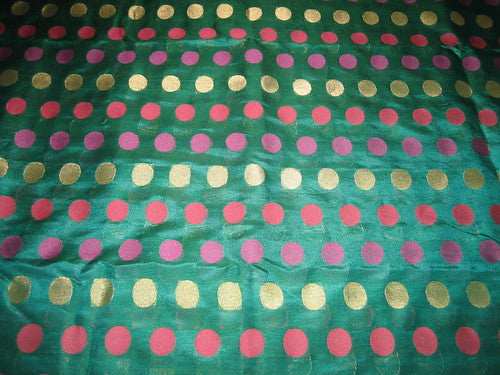 Pure Silk brocade fabric Green colour with pink and gold dots 44" wide BRO57[1]