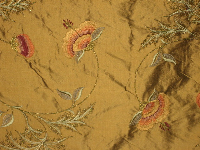 Pure SILK DUPIONI Fabric Floral Embroidery