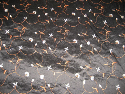 Pure SILK DUPIONI Fabric Black Floral Embroidery 54&quot; dupemb9