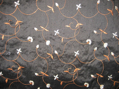 Pure SILK DUPIONI Fabric Black Floral Embroidery 54&quot; dupemb9