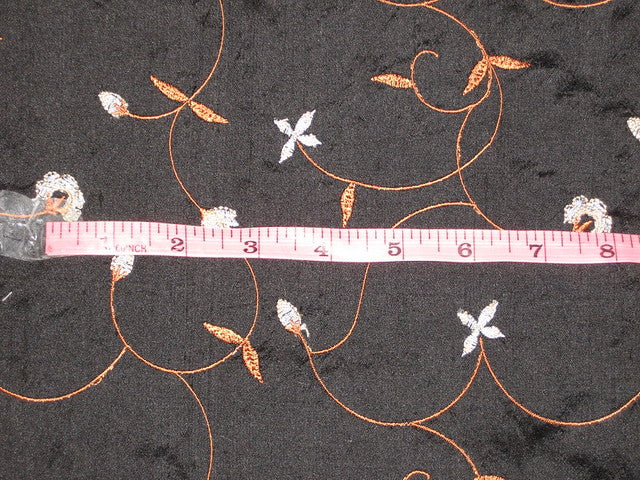 Pure SILK DUPIONI Fabric Black Floral Embroidery 54&quot; dupemb9