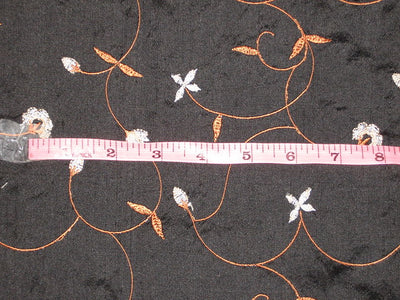 Pure SILK DUPIONI Fabric Black Floral Embroidery 54&quot; dupemb9