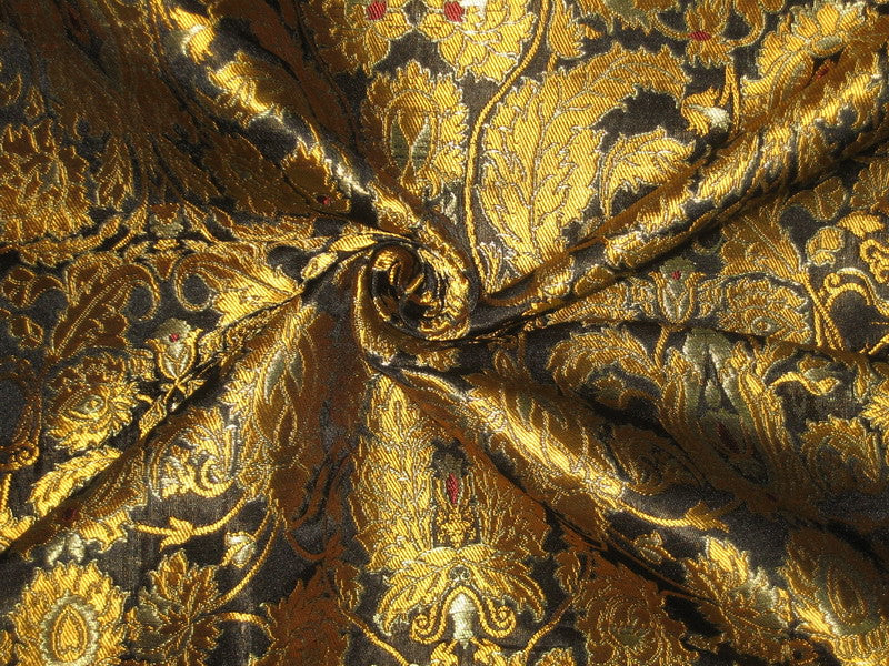 Heavy Silk Brocade Fabric Black, Red &amp; Mustard Gold BRO77[2]