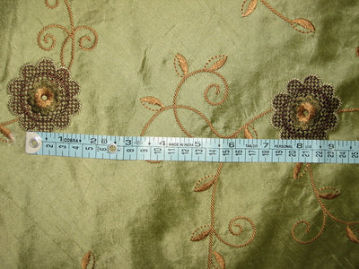 Olive Green SILK DUPIONI Fabric with Brown Embroidery DUP#E32