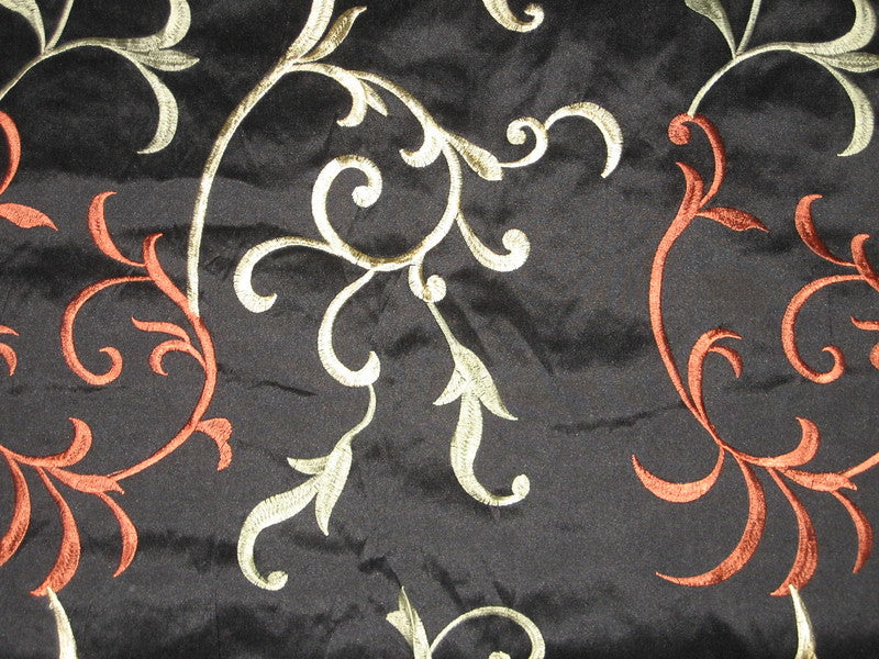 SILK DUPIONI Fabric Black  Rust Olive Embroidery 54" WIDE DUP#E33