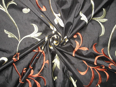 SILK DUPIONI Fabric Black  Rust Olive Embroidery 54" WIDE DUP#E33