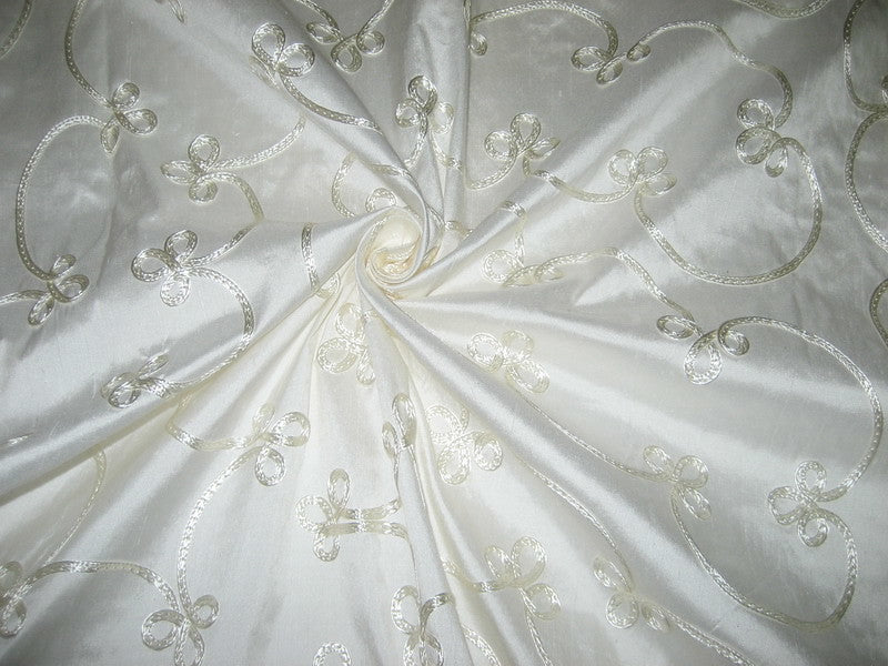 Pretty Ivory SILK DUPIONI Fabric with Embroidery
