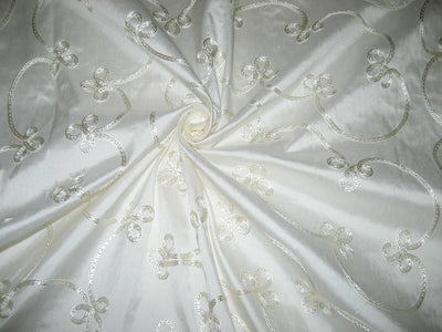Pretty Ivory SILK DUPIONI Fabric with Embroidery