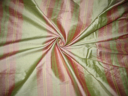 SILK Dupioni FABRIC Light Pink,Green &amp; Yellow stripes DUPS29