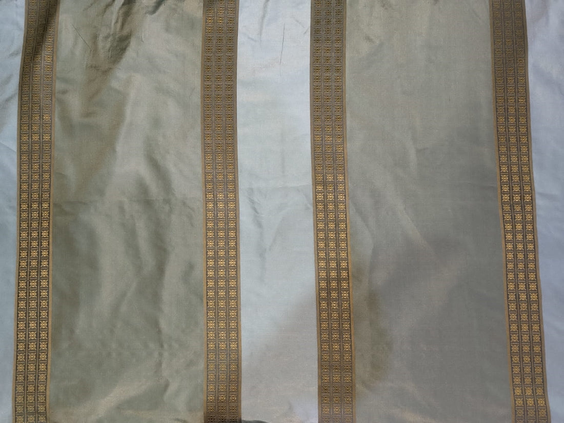 100% Silk Taffeta Jacquard Fabric dusty blue and  green with gold jacquard stripe  54" wide TAFJACNEW6