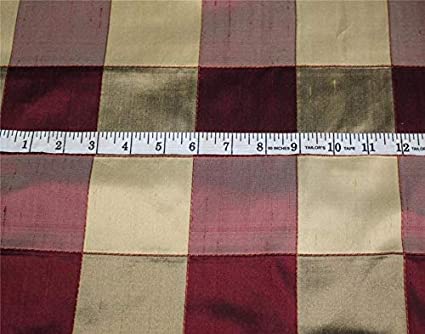 100% Silk Dupioni Ribbed Plaids Shades of wine and gold color Fabric 54" wide DUP#C102[2]