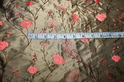 100% SILK DUPION KHAKI GREEN WITH CORAL FLORAL EMBROIDERY 54&quot;DUPE59[1]