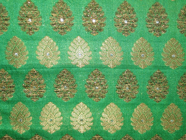 SILK Broacde Fabric Gold &amp; Emerald Green color 44&quot;