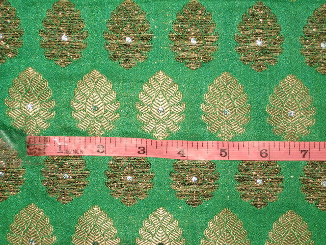 SILK Broacde Fabric Gold &amp; Emerald Green color 44&quot;