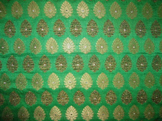 SILK Broacde Fabric Gold &amp; Emerald Green color 44&quot;