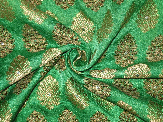 SILK Broacde Fabric Gold &amp; Emerald Green color 44&quot;