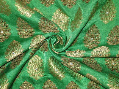 SILK Broacde Fabric Gold &amp; Emerald Green color 44&quot;