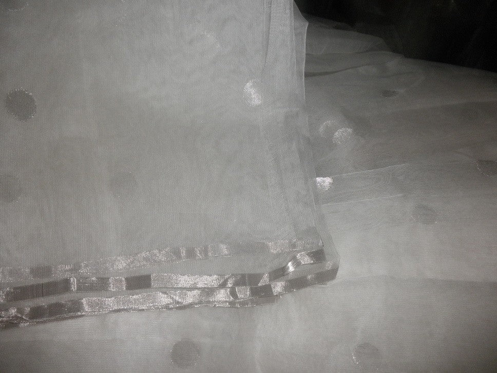 Silk Tulle silver border & silver polka dots FABRIC 44&quot; wide