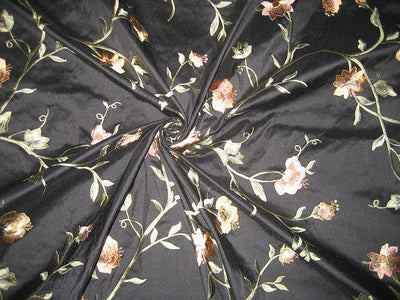 Silk dupioni fabric black floral 54&quot;-computer embroidery  DUPE34