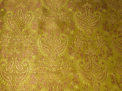 Silk Brocade Fabric Dark Lime Yellow &amp; Dark Salmon