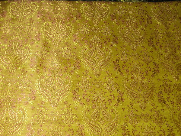 Silk Brocade Fabric Dark Lime Yellow &amp; Dark Salmon
