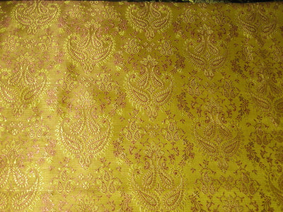 Silk Brocade Fabric Dark Lime Yellow &amp; Dark Salmon