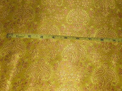 Silk Brocade Fabric Dark Lime Yellow &amp; Dark Salmon