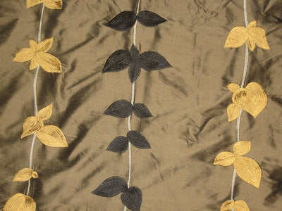 SILK DUPIONI Fabric Dark Greenish Brown with Embroidery