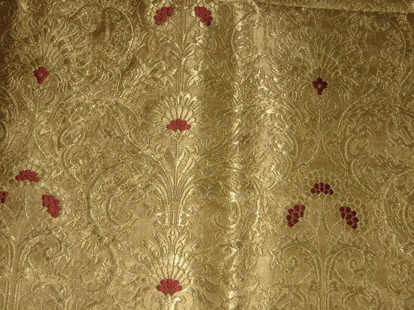 Pure Heavy Silk Brocade Fabric Dark Red &amp; True Gold 36&quot;