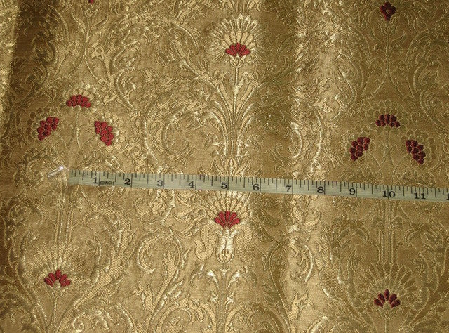 Pure Heavy Silk Brocade Fabric Dark Red &amp; True Gold 36&quot;