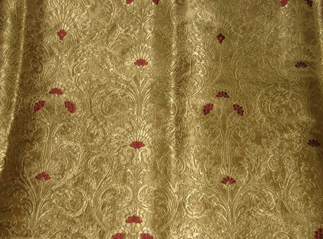 Pure Heavy Silk Brocade Fabric Dark Red &amp; True Gold 36&quot;
