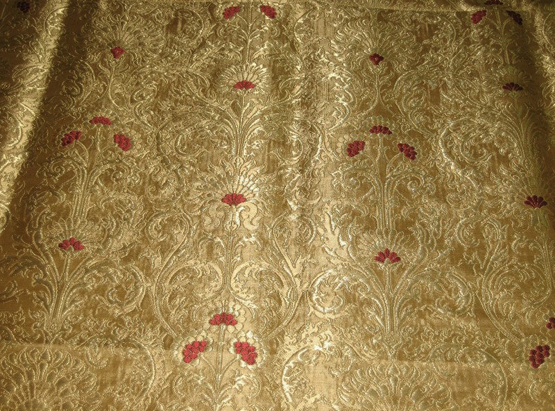 Pure Heavy Silk Brocade Fabric Dark Red &amp; True Gold 36&quot;