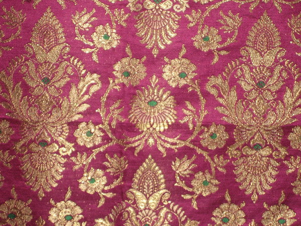 Pure Heavy Silk Brocade Fabric Purple,Green &amp; Gold 36&quot;