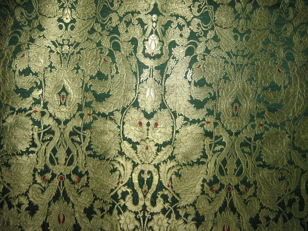 Pure Heavy Silk Brocade Fabric Green,Red &amp; Gold