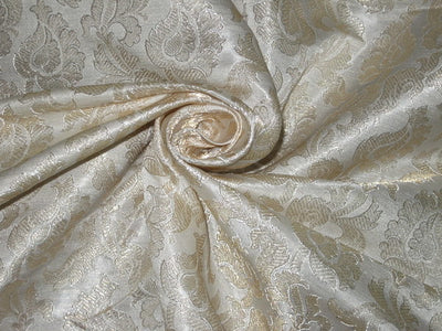 Heavy Pure Silk Brocade Fabric Ivory &amp; Gold color 44" wide BRO101[5]
