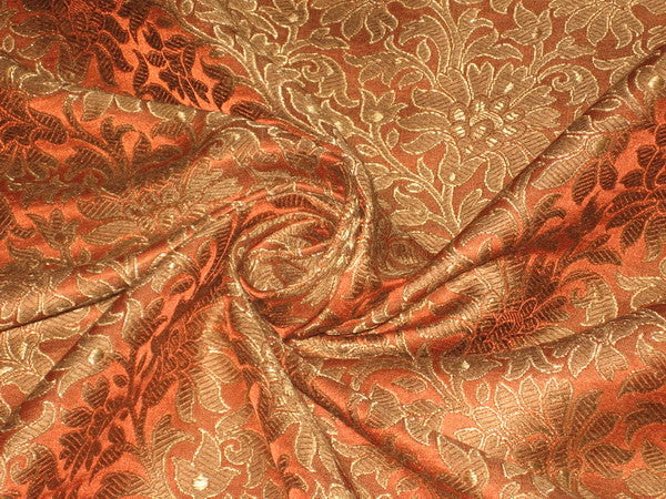 Pure Heavy Silk Brocade Fabric Orange ,Brown &amp; Gold BRO104[3]