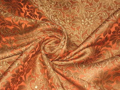 Pure Heavy Silk Brocade Fabric Orange ,Brown &amp; Gold BRO104[3]