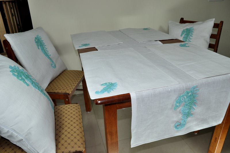 linen table top set~sea horse embroidered
