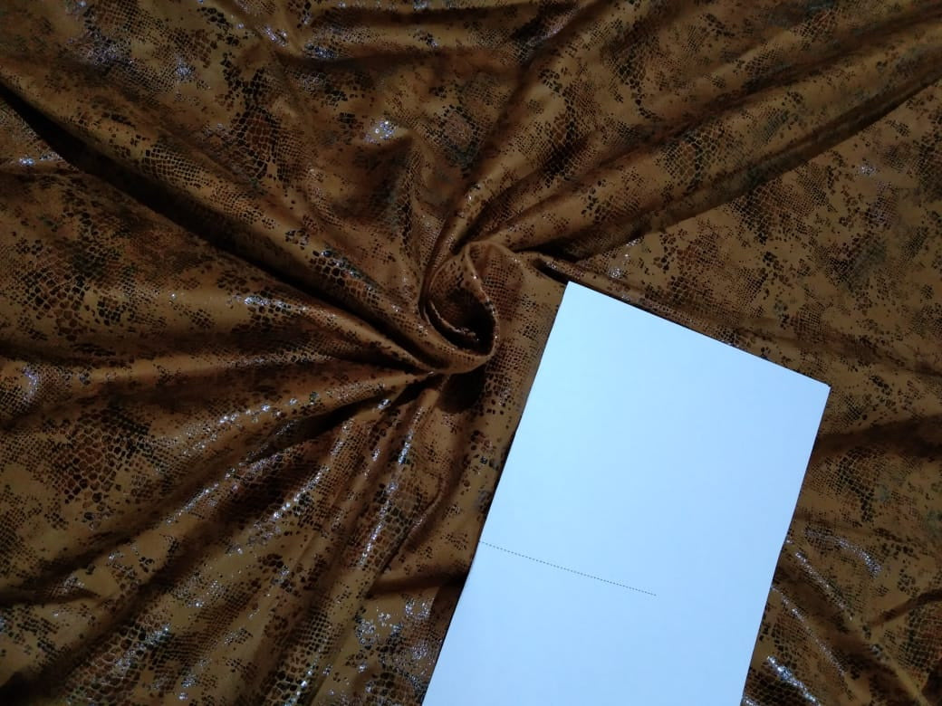 100% Polyester scuba Suede Fabric BROWN colour BRONZE FOIL PRINT 58&quot; wide