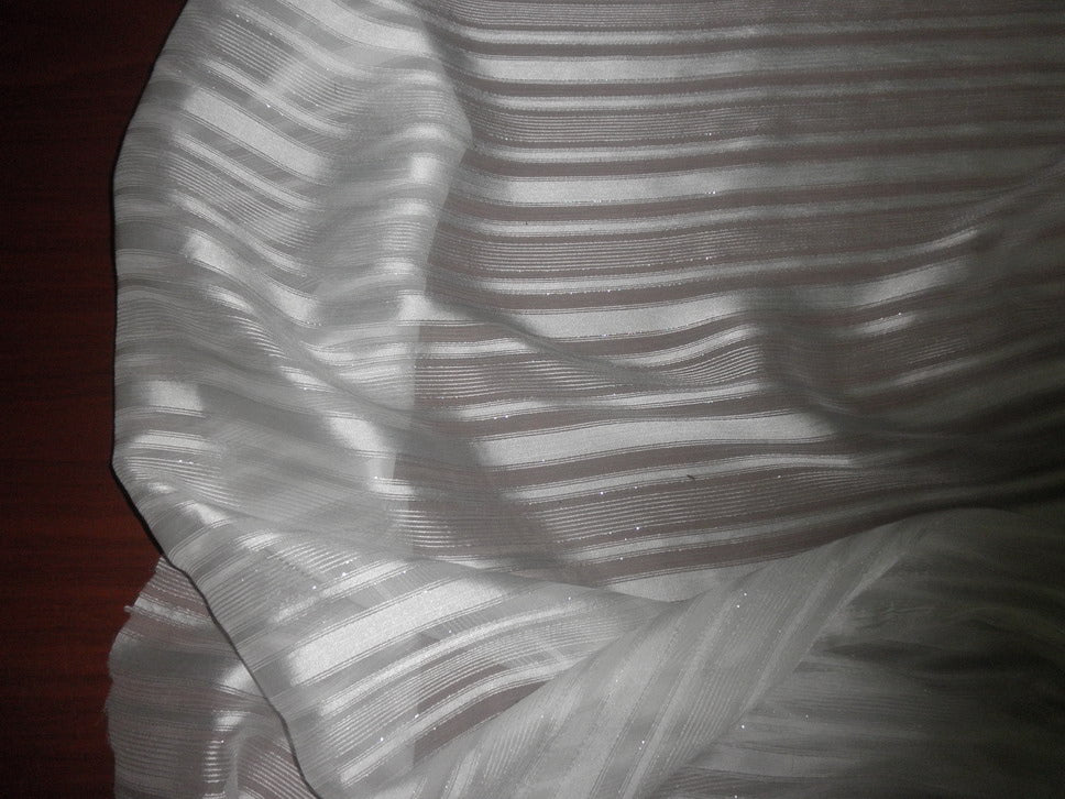 white thin silk fabric ~satin stripe{silver lurex} 44&quot; wide