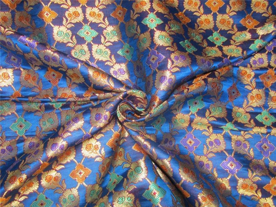 Heavy Silk Brocade Fabric Royal Blue x Metallic Gold 36&quot;