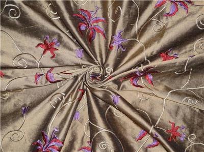 54&quot; wide Silk Dupioni Fabric Gold x black Red and purple pink Flower Embroidery