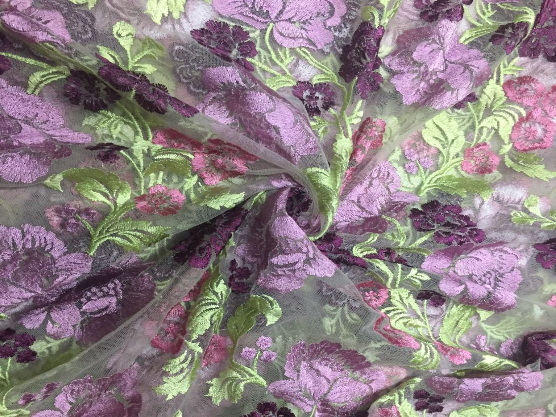 heavily embroidered net fabric light olive x multi color 44&quot;wide