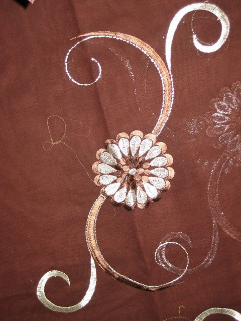 cotton voile fabric~Brown with embroidery-5 yards-44&quot;