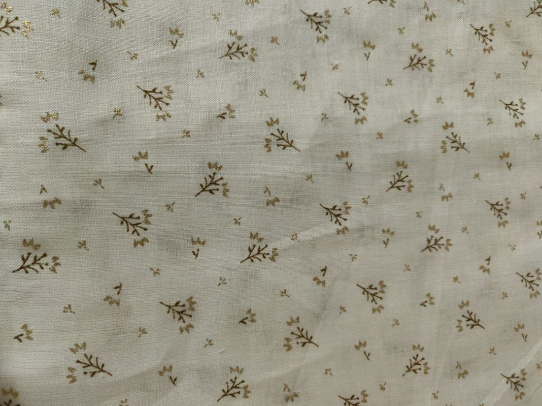 Superb Quality Linen white ivory with gold foil print fabric ~58&quot; wide